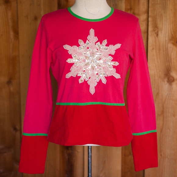 Vintage Y2K Michael Simon Beaded Snowflake Pink & Red Holiday Long Sleeve Shirt - Picture 1 of 16